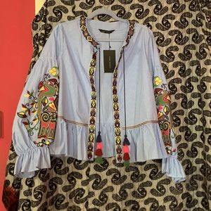 Zara blue and white striped embroidered jacket/blouse